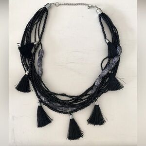 NWOT Black Tassled Statement necklace with Black Beads and Blue toned stones
